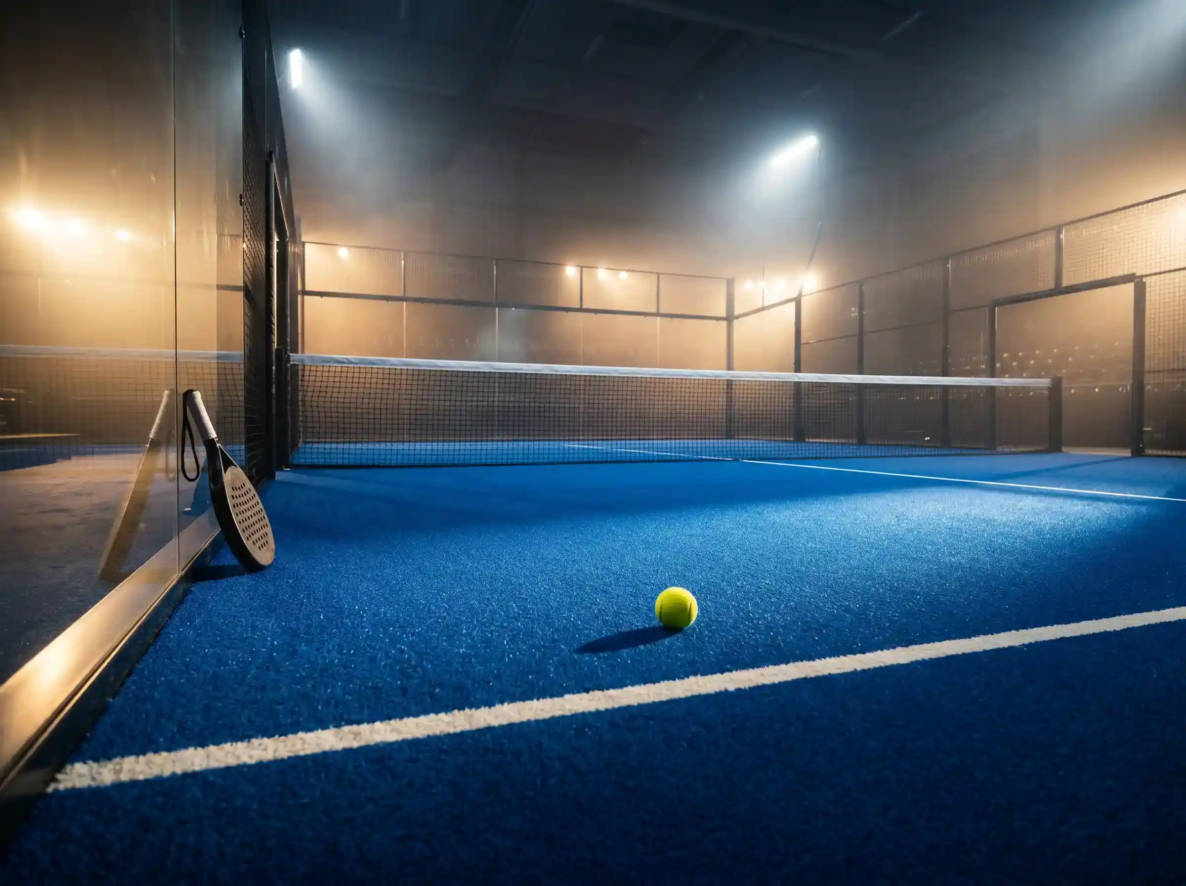Pista de pádel con paredes de cristal iluminadas, vista desde la grada durante un partido profesional del circuito Premier Padel